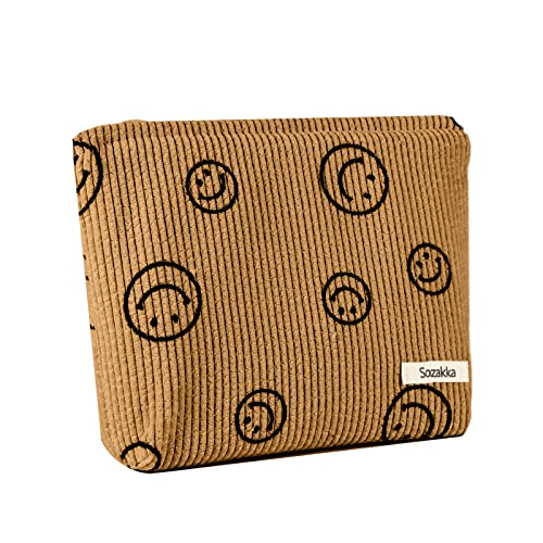 Fycyko Compatible with Makeup Bag Smile Printing Corduroy Toiletry Bag Travel Makeup Pouch Organiser Mini Cosmetic Bag for Women Girls-Brown - Brown
