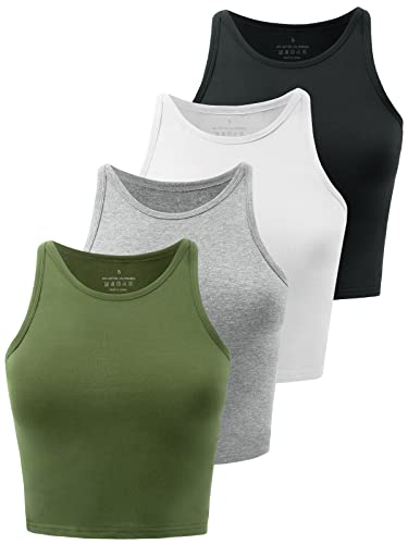 Kole Meego 4 Pack Cotton Crop Tops for Women Workout Cropped Tank Top - BLACK WHITE GREY GREEN - Large