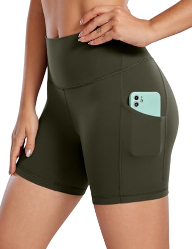 CRZ YOGA Womens Butterluxe Biker Shorts with Pockets 5'' / 8'' - High Waisted Volleyball Workout Athletic Yoga Shorts - 5 inches - Medium - Olive Green
