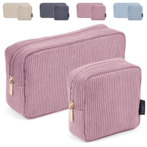 MAGEFY 2 Pcs Makeup Bags for Women Girls, Small Cosmetic Bags for Purse Corduroy Makeup Pouch for Travel School (Pink) - Pink