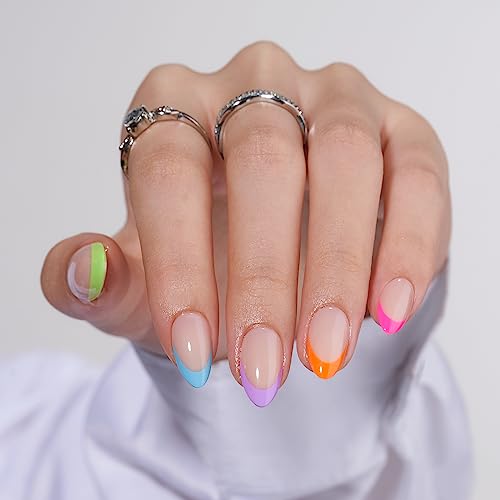 Press On Nails Short - BTArtbox French Tip Press On Nails Almond, Supremely Fit & Natural Glue On Nails, Seamless Stick On Nails in in 16 Sizes, 32 Fake Nails Kit, Neon Rainbow French - 09-Neon Rainbow French