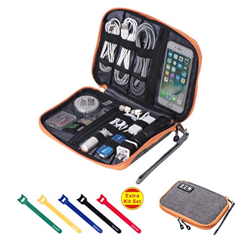 Travel Cable Organizer Bag Waterproof Portable Electronic Accessories Organizer for USB Cable Cord Phone Charger Headset Wire SD Card with 5pcs Cable Ties(Orange) - Orange
