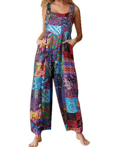 Patchwork Dual Pocket Jumpsuit Loose Floral Print Bohemian