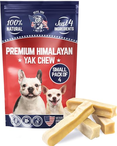 Devil Dog Pet Co. Himalayan Yak Chews – Small 4 Pack, Yak Cheese Dog Chews, 100% Natural & Healthy, Odor Free, Long Lasting, Yak Chew Treats – Premium Yak Milk Dog Chew, Yak Bones for Dogs - Pack of 4 - Small