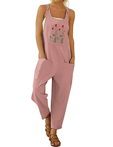 Cotton Linen Overall Flower Print Loose Fit Bib Overall Jumpsuit