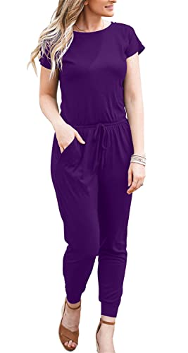 Elastic Waist Jumpsuit with Pockets - Large - Purple