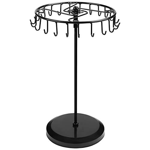 BELLE VOUS Black Metal Rotating Jewellery Holder Display Stand (23 Hooks) - H34.8 x W20.5cm / 13.70 x 8.07 Inches - Hanging Organiser Tower Rack - Storage for Necklaces & Bracelets, Rings & Earrings - Black