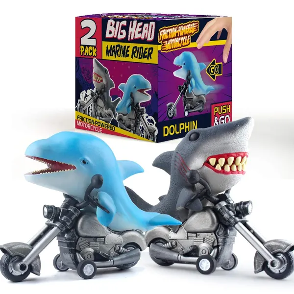 DINOBROS Shark Toy Car 2 Pack Friction Powered Motorcycle Monster Sea Animal Game Great White Shark and Dolphin Toys