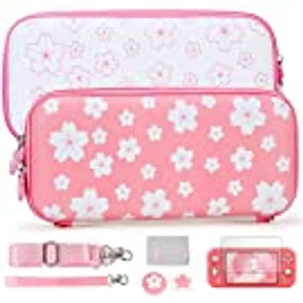 Tscope Cute Carrying Case for Nintendo Switch Lite, Pink Sakura Portable Hard Shell Girls Travel Storage Bag, with Glass Screen Protector & Thumb Grip Caps (Switch Lite Pink)