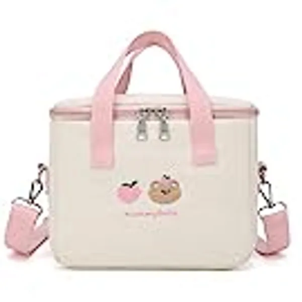 LaurelTree Aesthetic Kawaii Cute Lunch Bag Box with Straps Insulated Waterproof Durable for Women Girls Kids Office School (Pink)