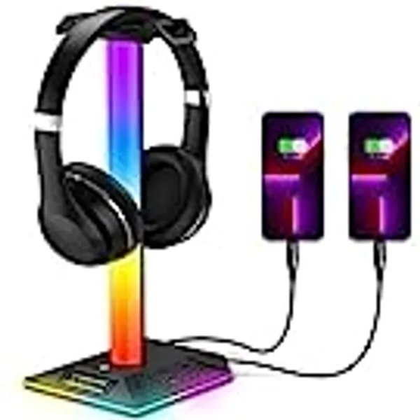 SIMOEFFI Upgraded RGB Gaming Headphones Stand, Headset Stand with 3.5mm AUX and 2 USB Charging Ports, Headphone Holder with 10 Light Modes and Memory Feature for Gamers PC Earphone Accessories Desk