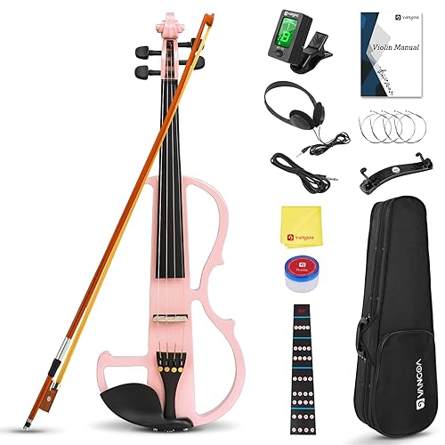 Vangoa Electric Violin 4/4 Full Size Silent Violin Set for Beginner Adults Teens, Solid Maple Wood Metallic Electronic Quite Violin with Ebony Fittings, Pink - 4/4 - Pink