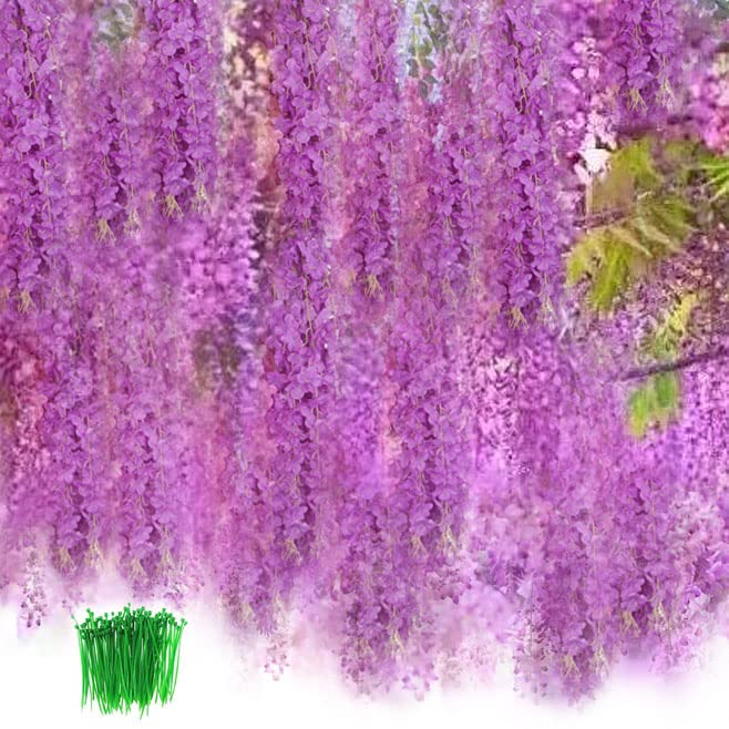 OrgMemory Künstliche Blumen, Glyzinien-Ranke, (24 Stück, je 110 cm, 100 Kabelbinder), Blumen, Pflanzen, zum Aufhängen für Hochzeit, Party, Garten, Dekoration (Fuchsia) - Fuchsia 24 Stück