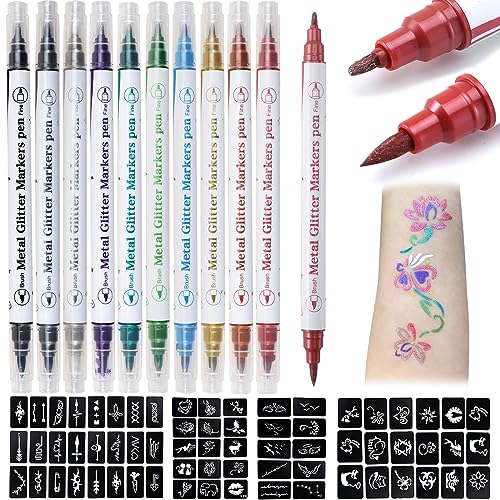 Erinde Temporary Tattoo Markers for Skin, 10 Colors Body Marker Pen + 67 Large Tattoo Stencils for Kids and Adults, Skin-Safe Dual-End Tattoo Pens Make Bold and Fine Lines for Body & Face Paint - SET A-10PCS