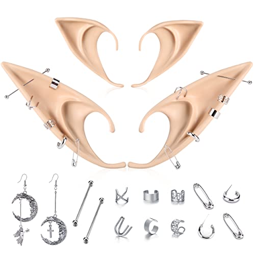 FRESHME Elf Ears with Earrings Set - 2 Pairs Fairy Pixie Soft Ears with Non-Piercing Moon Cuffs Earrings Cartilage Ear Clip Set for Women Girls Renaissance Halloween Cosplay Dress Up Accessories - Moon Set