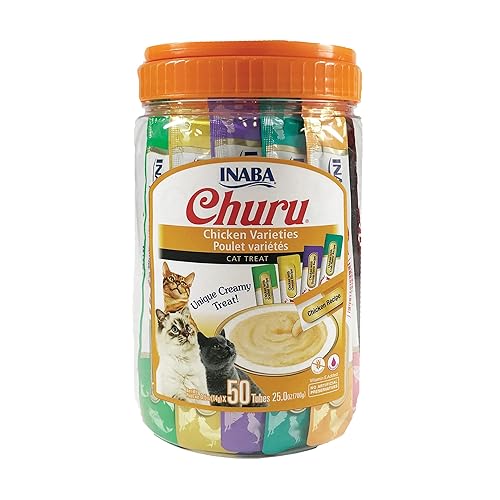 INABA Churu Cat Treats, Grain-Free, Lickable, Squeezable Creamy Purée Cat Treat/Topper with Vitamin E & Taurine, 0.5 Ounces Each Tube, 50 Tubes, Chicken Variety - Chicken Variety - 0.5 Ounce (Pack of 50)
