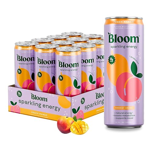 Bloom Sparkling Energy Drink - Natural Caffeine, Zero Sugar, 180mg Caffeine - Antioxidant-Rich w/Green Coffee Bean, Green Tea Extract, Prebiotics - Wellness Beverage for Focus & Metabolism 12oz 12 pk - Peach Mango - 12 Fl Oz (Pack of 12)