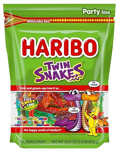HARIBO Gummi Candy, Twin Snakes Sweet & Sour Gummy Candy, 28.8 Ounce Resealable Party Size Stand Up Bag, Soft & Chewy Snacks, Assorted Fruity Flavors - Twin Snakes - Party Size