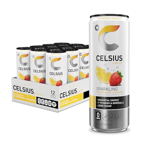 CELSIUS Sparkling Strawberry Lemonade, Functional Essential Energy Drink, 12 Fl Oz (Pack of 12) - Sparkling Strawberry Lemonade