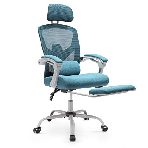 AFO Ergonomic Office Chair, High Back Office Chair with Lumbar Pillow & Retractable Footrest, Mesh Office Chair with Padded Armrests and Adjustable Headrest, Height Adjustable, Teal Blue (WY-9053-BU)