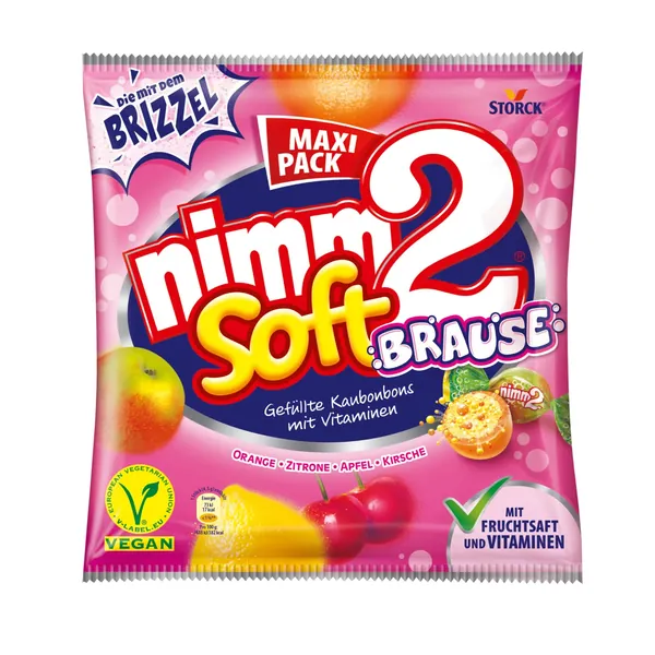 nimm2 Soft Brause – 1 x 345g Maxi Pack – Gefüllte Kaubonbons in vier Sorten mit Fruchtsaft, Vitaminen und Brausefüllung - 345 g (1er Pack) Brause