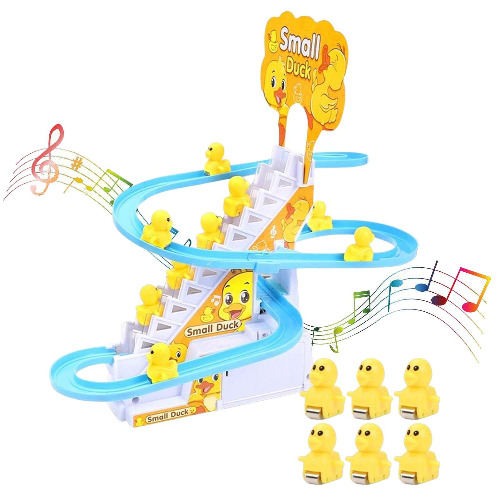 Cute Duck Chasing Playset, Playful Duck Race Track Duck Climbing Stairs and Slides Musical Toys, Fun Roller Coaster Track Toys for Kids, with Music and Lights