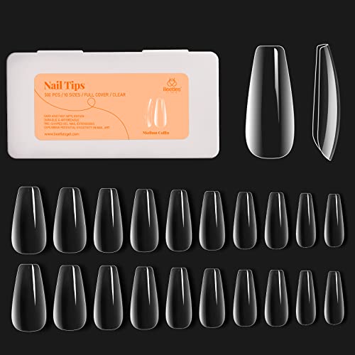 Beetles Gel Nail Kit Soft Gel Nail Tips 500Pcs Medium Coffin Pre Shaped Clear Full Cover False Nails for Gel Art Polish Soak Off Lamp Easy Nail Extensions Acrylic Fake Nails False Press on Nail Tips - A4-Medium Coffin