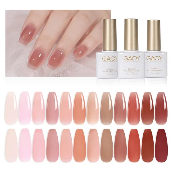 GAOY 15 Pcs Jelly Gel Nail Polish Kit, Sheer Nude Pink Colors Gel Polish Set with Glossy & Matte Top Coat and Base Coat for Nail Art DIY Manicure and Pedicure at Home