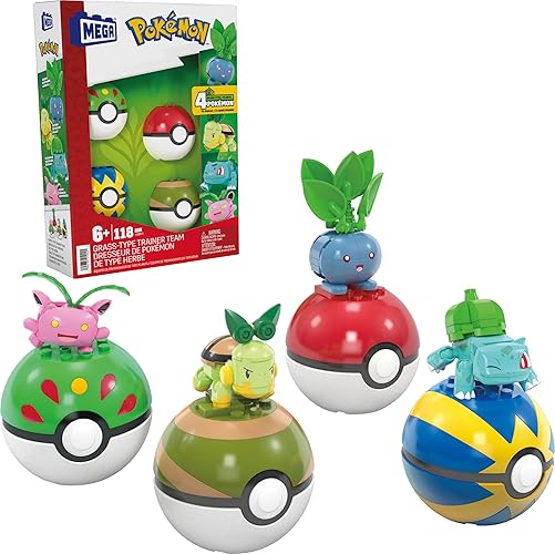 MEGA Pokémon Building Toys Set Grass-Type Trainer Team with 118 Pieces, 4 Poseable Character, 2 Inches Tall, for Kids - Grass Type trainer Team
