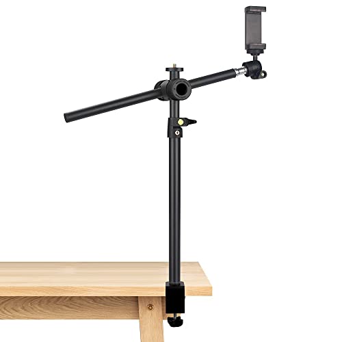 JEBUTU Overhead Camera Mount Desk Stand with 360° Adjustable Holding Arm, Flexible Phone Stand with 360° Ballhead and Phone Mount Holder, Boom Stand for Microphone, Video Light, Webcam, Cell Phone - 1DFPGBL
