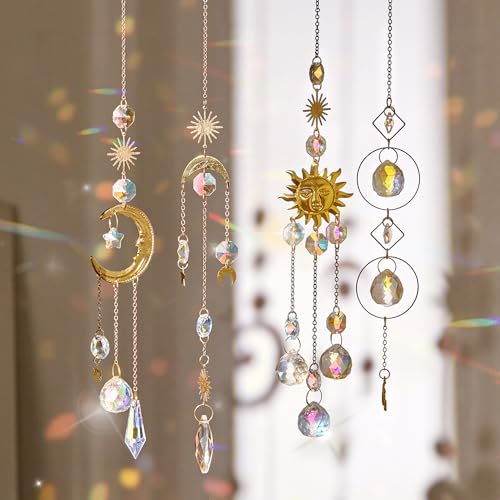 LightsUp Crystal Suncatcher for Windows Hanging Decor, Prism Sun Catcher with Chain and Hook, Rainbow Maker for Ceiling Garden Home Indoor Ornament, 4PK