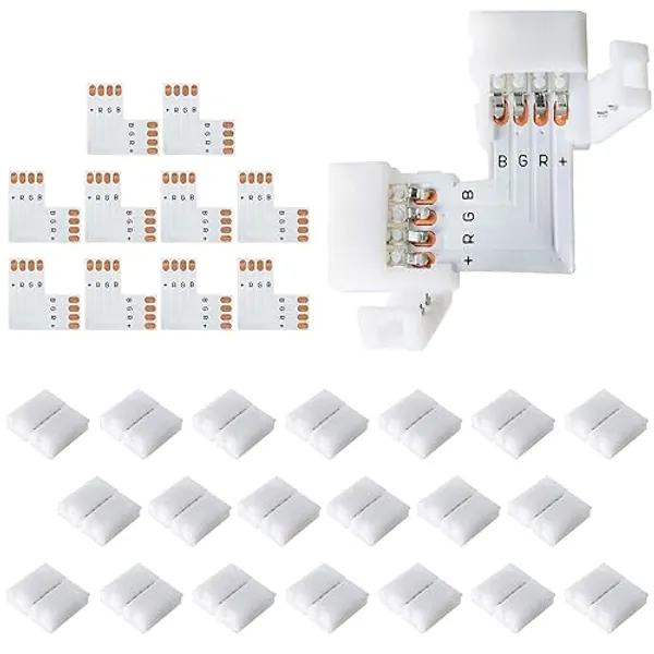 JACKYLED L Shape 4-Pin LED Connectors 10-Pack with 22Pcs Clips 10mm for Strip Lights - 10mm 4pin
