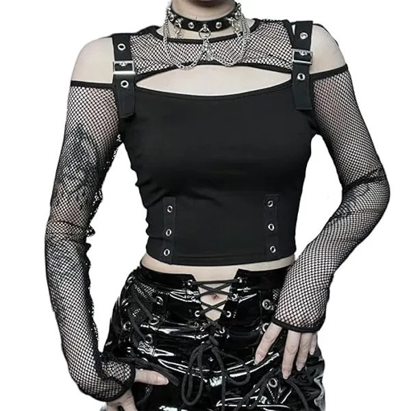 Goth Crop Top for Teen Girls Aesthetic Emo Shirts Casual Tops for Women Long Sleeve Punk