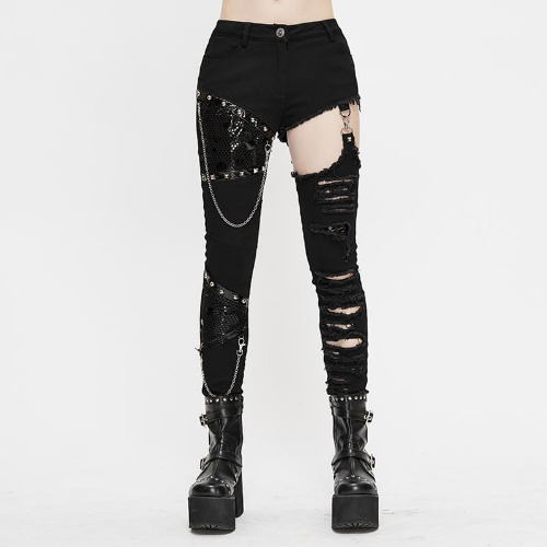 Punk Heavy Metal Chain Women’s Pants - Black / L（Waist 85 cm）
