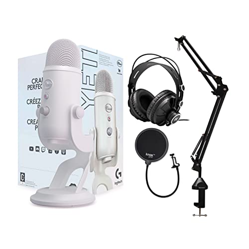 Blue Microphones Yeti USB Microphone (White Mist) Bundle with Boom Arm Microphone Stand, Monitor Headphones and Pop Filter (4 Items) - Blue,White