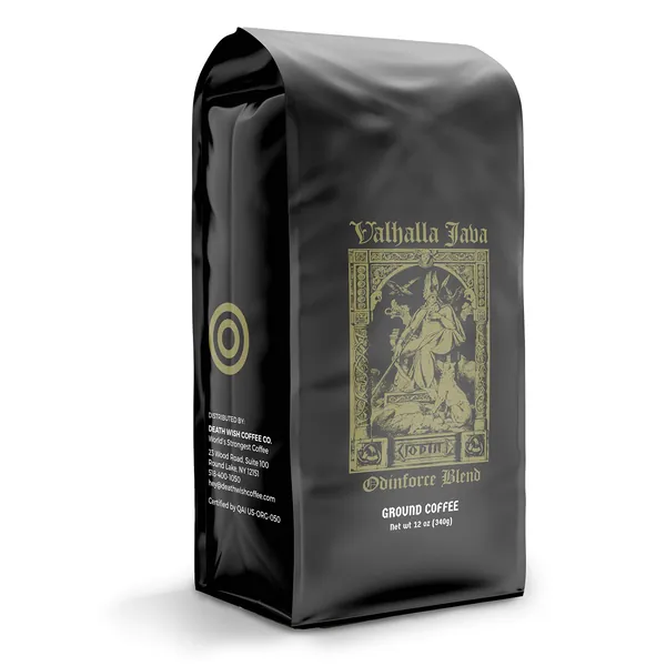 Death Wish Coffee Valhalla Java Dark Roast Grounds, 12 Oz, The World's Strongest Coffee, Bold & Intense Blend of Arabica Robusta Beans, USDA Organic Ground Coffee, Powerful Caffeine for Morning Boost - 12 Ounce (Pack of 1)