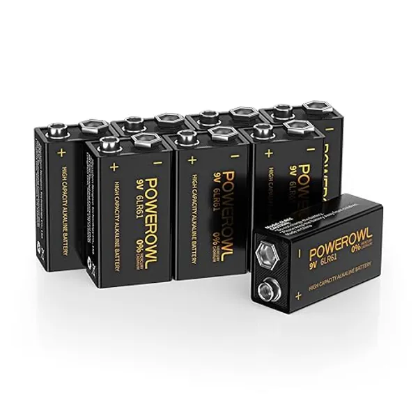 POWEROWL High Capacity 9V Batteries 8 Pack, Alkaline 9 Volt Battery 6LR61 for Smoke Detector Fire Alarm and More Devices - 8 pack