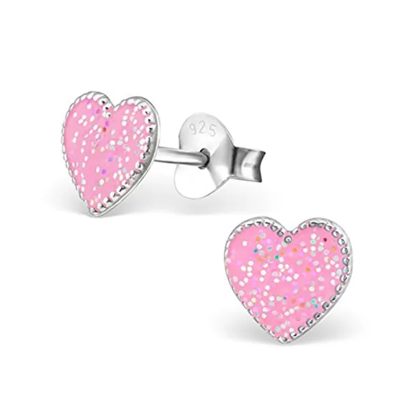 Glitzer Rosa Herz Ohrstecker 925 Echt Silber Ohrringe Mädchen Kinder