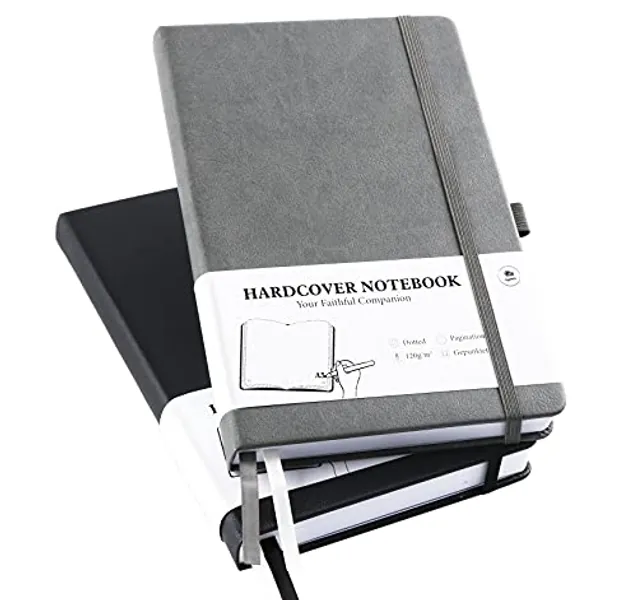 Notizbuch Dotted A5-2er Pack Punktraster Hardcover Bullet Grid Journal Dot Spiral, 120 g/m² Dickes Gepunktete Papier, 384 nummerierte Seite, 5.7 x 8.3 Inch (Schwarz + Grau)