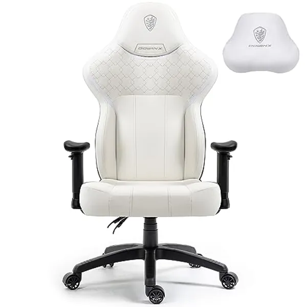 Dowinx Gaming Stuhl mit PU Leder, Schneidersitz Gaming Stuhl für schwere Personen, ergonomischer neigbarer Gamer Computersessel, großer und großer Büro PC Stuhl mit hoher Rückenlehne (Weiß)