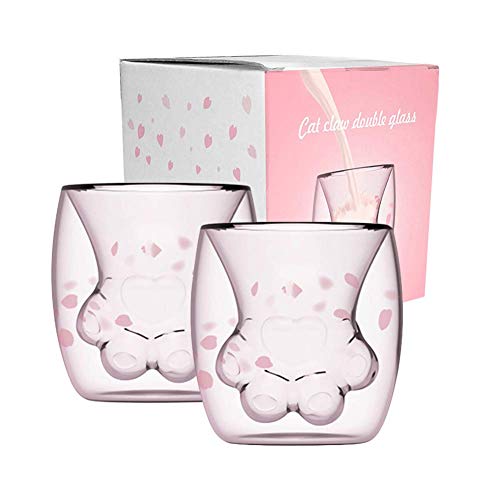 Surenhap Kaffeetasse Cat Paw Mug Katzentasse Cat Claw Design Doppelwandige Tasse Milch Saft Latte Macchiato Longdrink Gläser (2PCS)