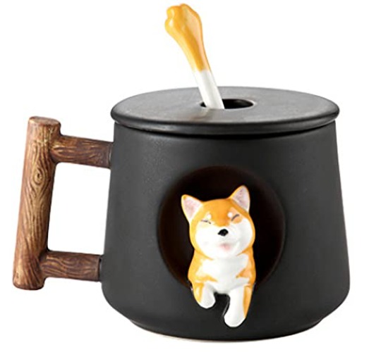 Süße Shiba Inu Kaffeetasse Teetasse Becher Geschirr 420ml Keramik Tasse mit Deckel und Löffel, Keramikbecher Kaffeebecher Porzellan Cappuccino Tasse Coffee Milk Tea Mug - Schwarz