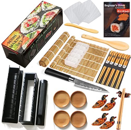 Befol Sushi Maker Kit, 24 Pieces Sushi Maker Set for Beginners, DIY Sushi Making Kit Complete, DIY Sushi Home Mat Set with Sushi Knife, Rice Ball Moulds and Chopsticks, Black