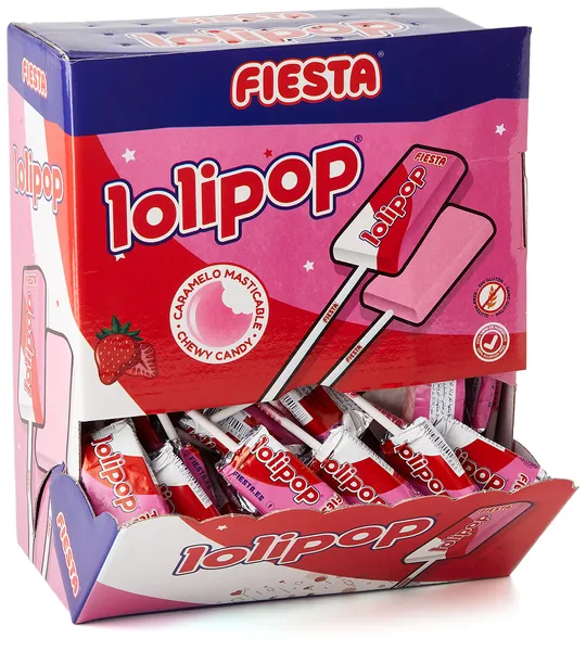 FIESTA Lolipop Caramelo Masticable con Palo Sabor Fresa - Caja de 100 unidades