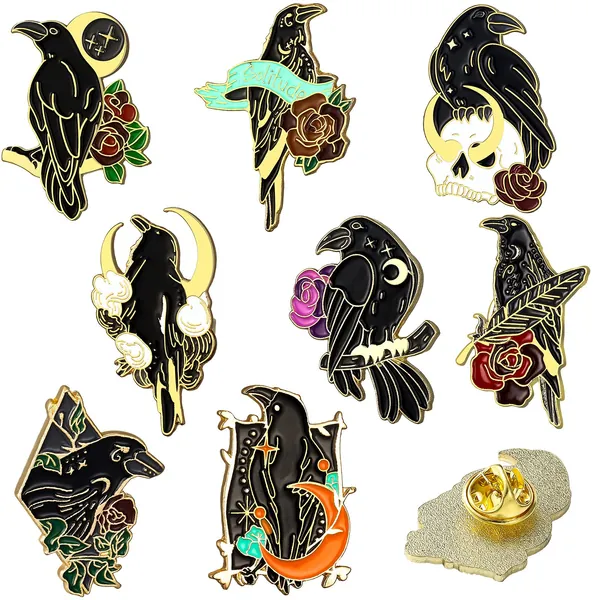 8 Pieces Black Crow Enamel Pins Set Art Rose Moon Lapel Pin Cute Aesthetic Badges for Children Women Backpack Shirt Denim Bag Jewelry Accessories - 