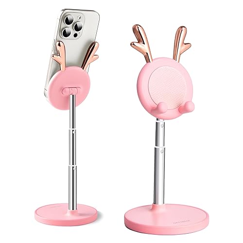 OATSBASF Cute Cell Phone Stand, Adjustable Deer Ears Phone Stand for Desk, Phone Holder Stand Thick Case Friendly Holder Compatible with Phone, Kindle, iPad, Switch, (Pink) - Deer Ears Pink