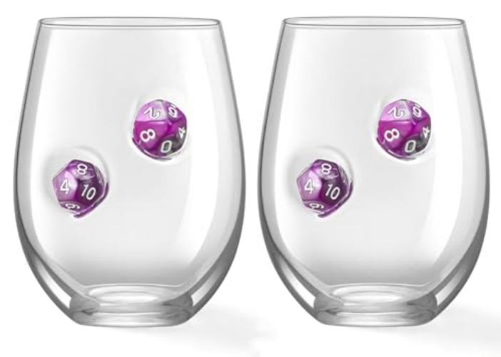 LIIGEMI Stemless Wine Glass with DND Dice Embedded, Handmade Red Wine Glasses, Drinking Glasses, 18.5 oz，Set of 2，Gift for D&D or RPG Player (Purple) - Purple