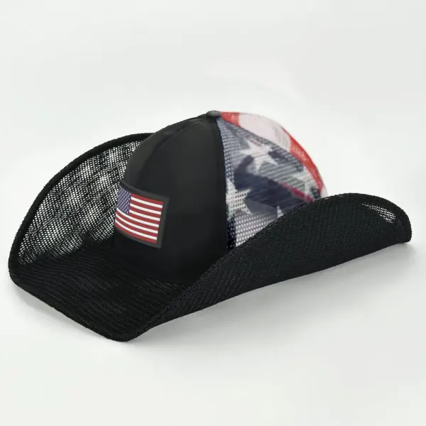 Black Front w/ USA Bucket and Black Mesh - Cowboy Snapback with PVC Patch, USA Flag, Red White & Blue - Cowboy Snapback