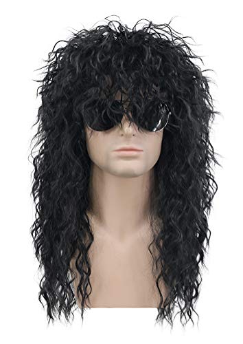 karlery 70s 80s Rocker Metal Mullet Wig Mens Long Curly Black Party Wig Halloween Costume Anime Wig - Black - 2 Piece Set