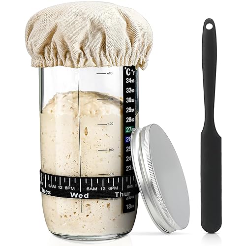 Sourdough Bread Baking Supplies,24 oz Sourdough Starter Jar Glass, Sourdough Starter Kit with Date Marked Feeding Band, Thermometer, Silicone Scraper, Sewn Cloth Cover & Aluminum Lid, Sourdough Jar - 24oz-1pcs
